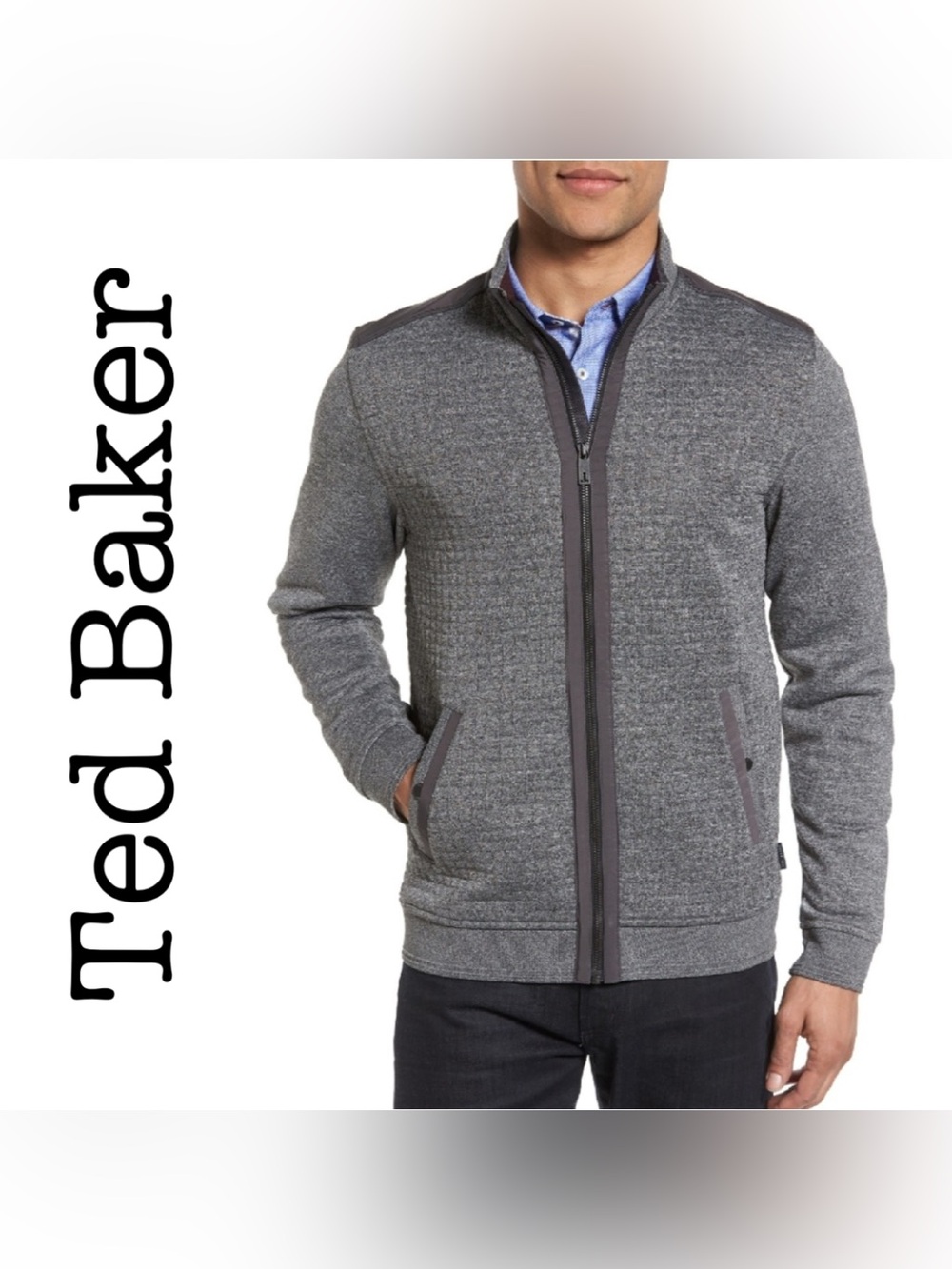 Ted Baker Full Zip Jacket Mens Size 3 Grey Textured Knit